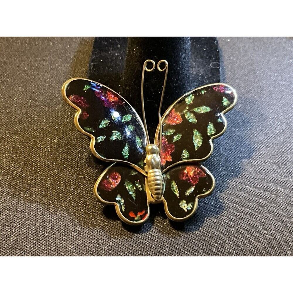 Enameled Red, Green, Black, Butterfly Brooch